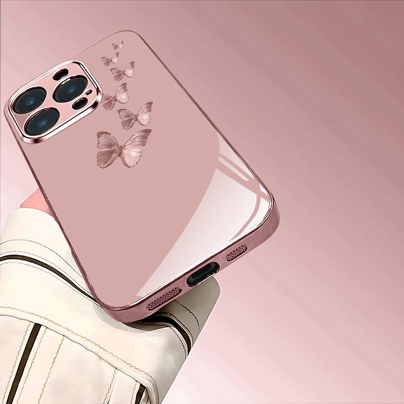 Rosa Schmetterlingsmuster Rosa Metallisch Gehärtetes Glas Handyhülle Für iPhone 17 16 15 14 13 12 11 Pro Max 15 Plus 17 Air 16E Hülle