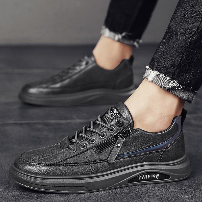 2024 Leather Casual Men Shoes Zipper Platform Fashion Designer Luxury Four Seasons Retro Low Top Outdoor Walking Male Sneakers