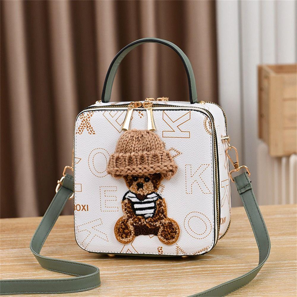 PU Leather Shoulder Bags Fashion Simple Cute Cartoon Bear Crossbody Bag Messenger Bag Women Female Small Square Bag Handbags