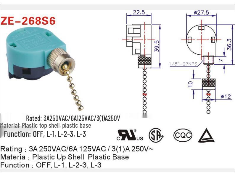 ZE-268S6 Three-Speed Ceiling Fan and Light Pull Switch Accessory