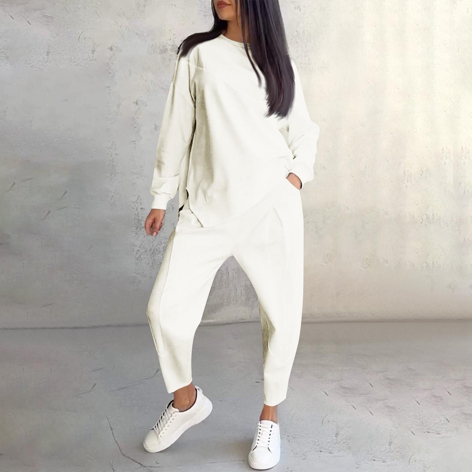 

Женская мода однотонный круглый вырез с длинными рукавами свободный асимметричный свитер комплект XL белый