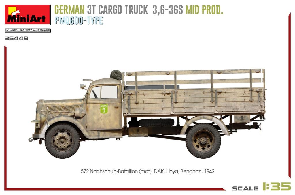 MiniArt German Army Cargo Truck Type PmQ600 Plastic Model Kit MA35449 1/35 WW.II 3-ton 3.6-36S Mid-Production