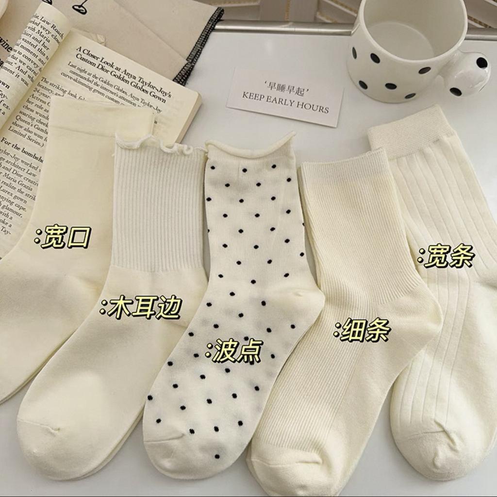 Curled Edge Polka Dot Socks Summer White Socks Cotton Medium Tube Socks Polka Dot Students Spring And Autumn Tide Stacking Socks