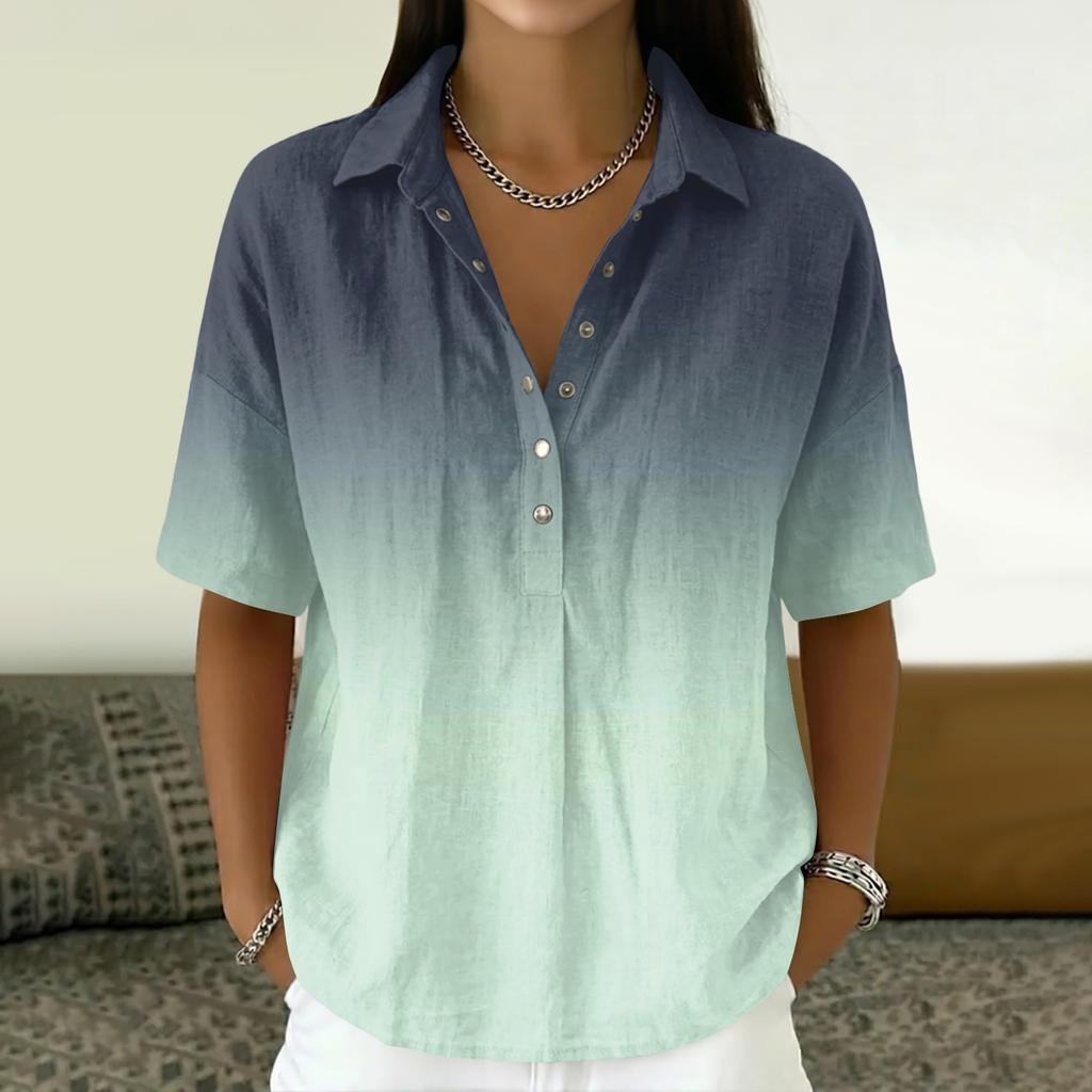 Women Loose Fit Short Sleeve Polo Shirt Vintage Floral Print Button Down Collar Linen Blend Casual Top