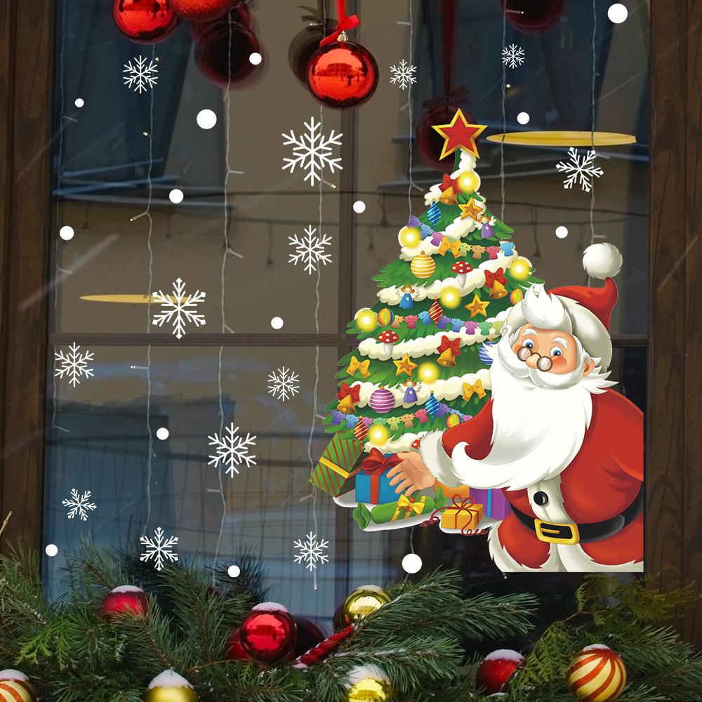 Santa Claus Christmas Tree Decorated with Snow Atmosphere Glass Windows Window Stickers