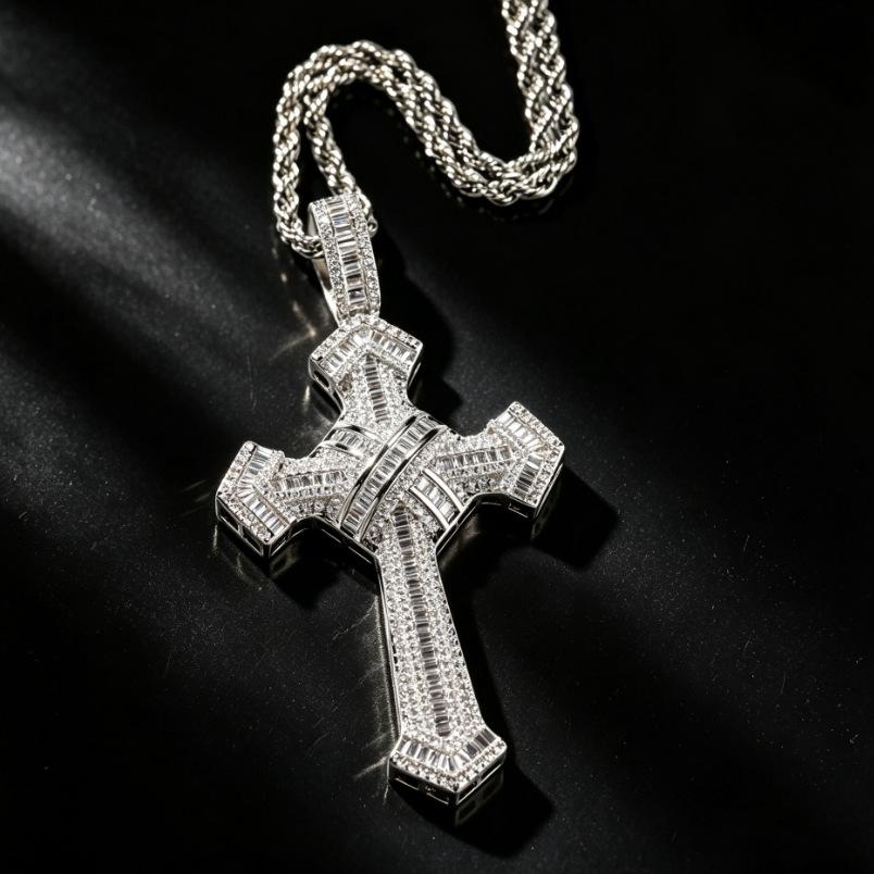 European and American Hip-hop Style Copper Inlaid Zircon Cross Pendant Full of Diamonds Men's Street Fashion Necklace Accessories