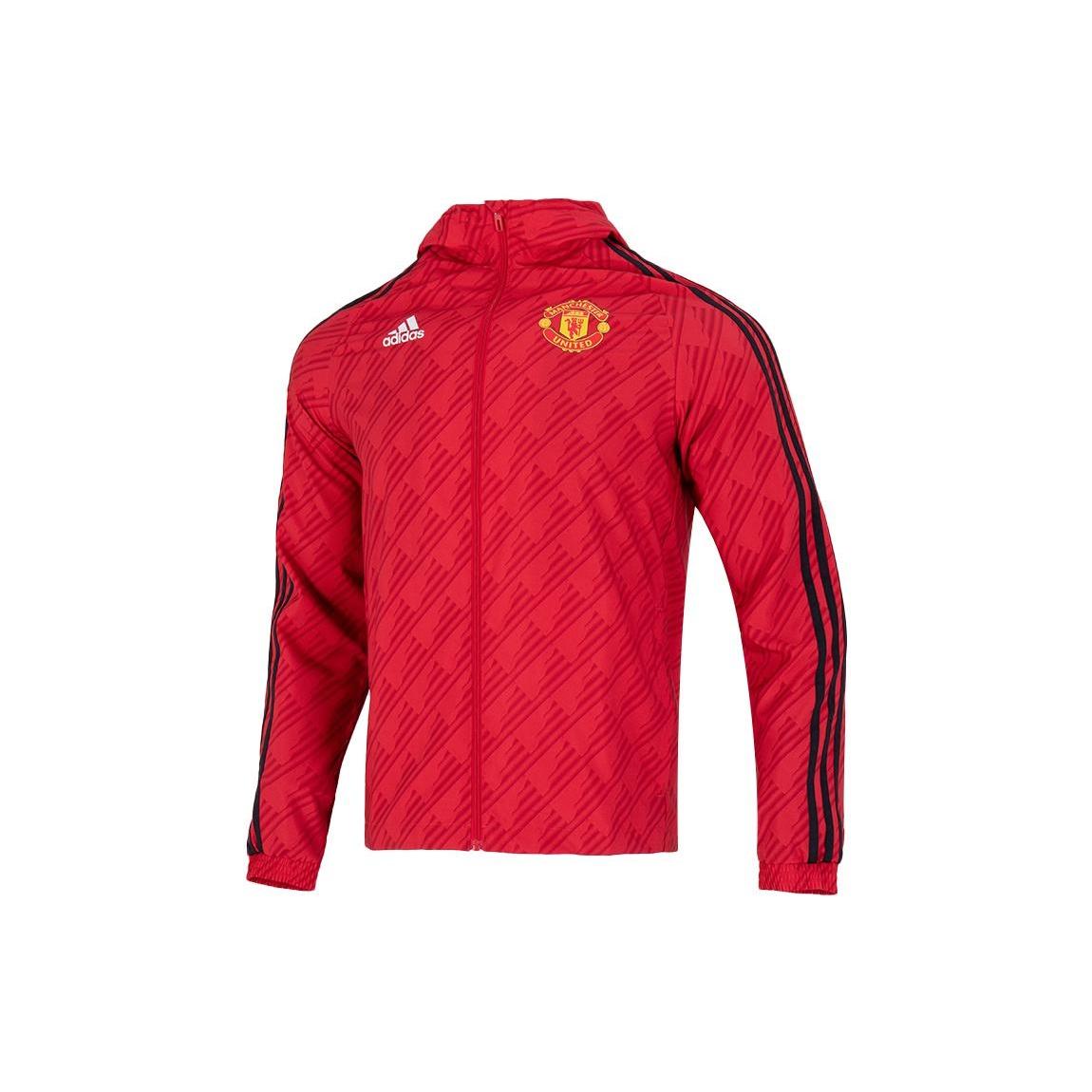 Men s adidas Solid Color Stand Collar Zipper Manchester United Soccer/Football Logo Sports Hooded Jacket Red HE6649 S