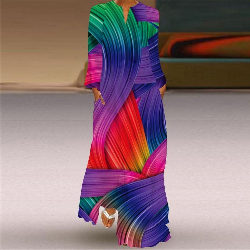 Fashion Style Spring and Summer Fashion New Women's Retro Butterfly Print Long Dress Export V Neck Long Sleeves Pocket Dress