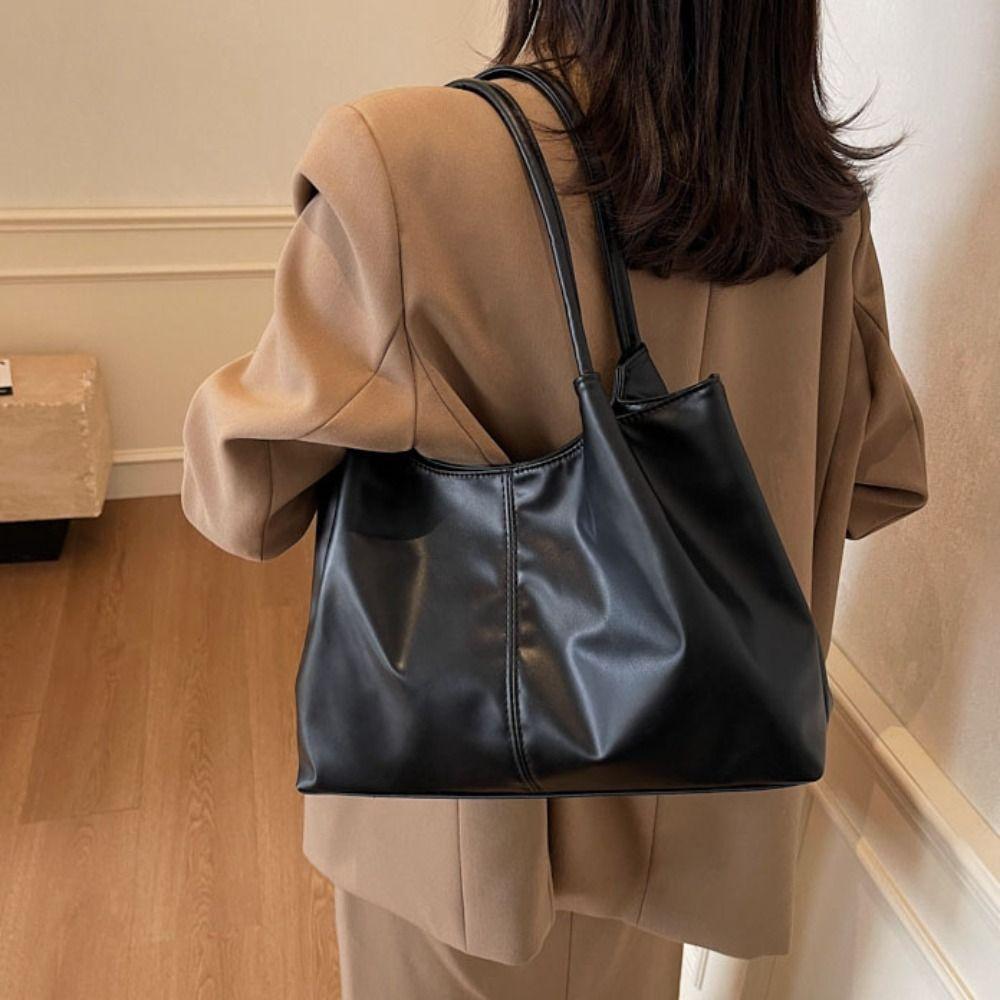 Casual Underarm Bag Large Capacity Solid Tote Bag Snap Button PU Leather Shoulder Bag  Outdoor