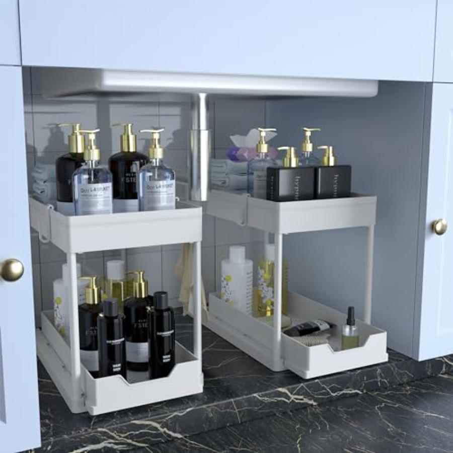 

2 Pack Under Sink Organizer 2 Tier Sliding Bathroom Kitchen Storage with Large White ABS Baskets Easy Install and Clean United States