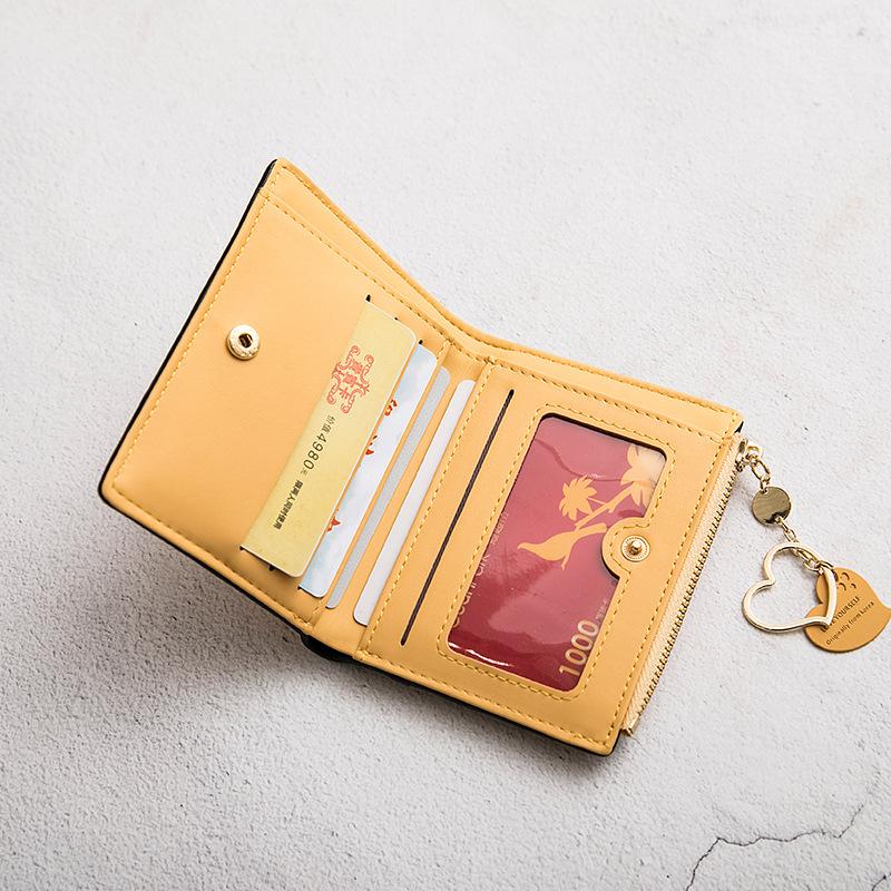 Women'S Small Wallet Double Fold Ultra Thin Zero Wallet Zipper ID Bag, Contrast Color Love Pendant Short Card Bag