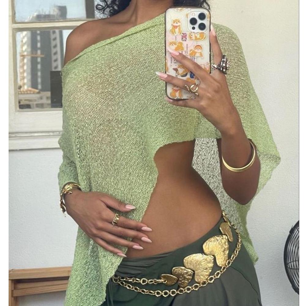 Damen Y2k Unregelmäßiges Sonnenschutzkleid Gestrickte Überwürfe Crop Tops Durchsichtig Einfarbig Unregelmäßig Locker Pullover Sommer Boho Strand T-Shirts