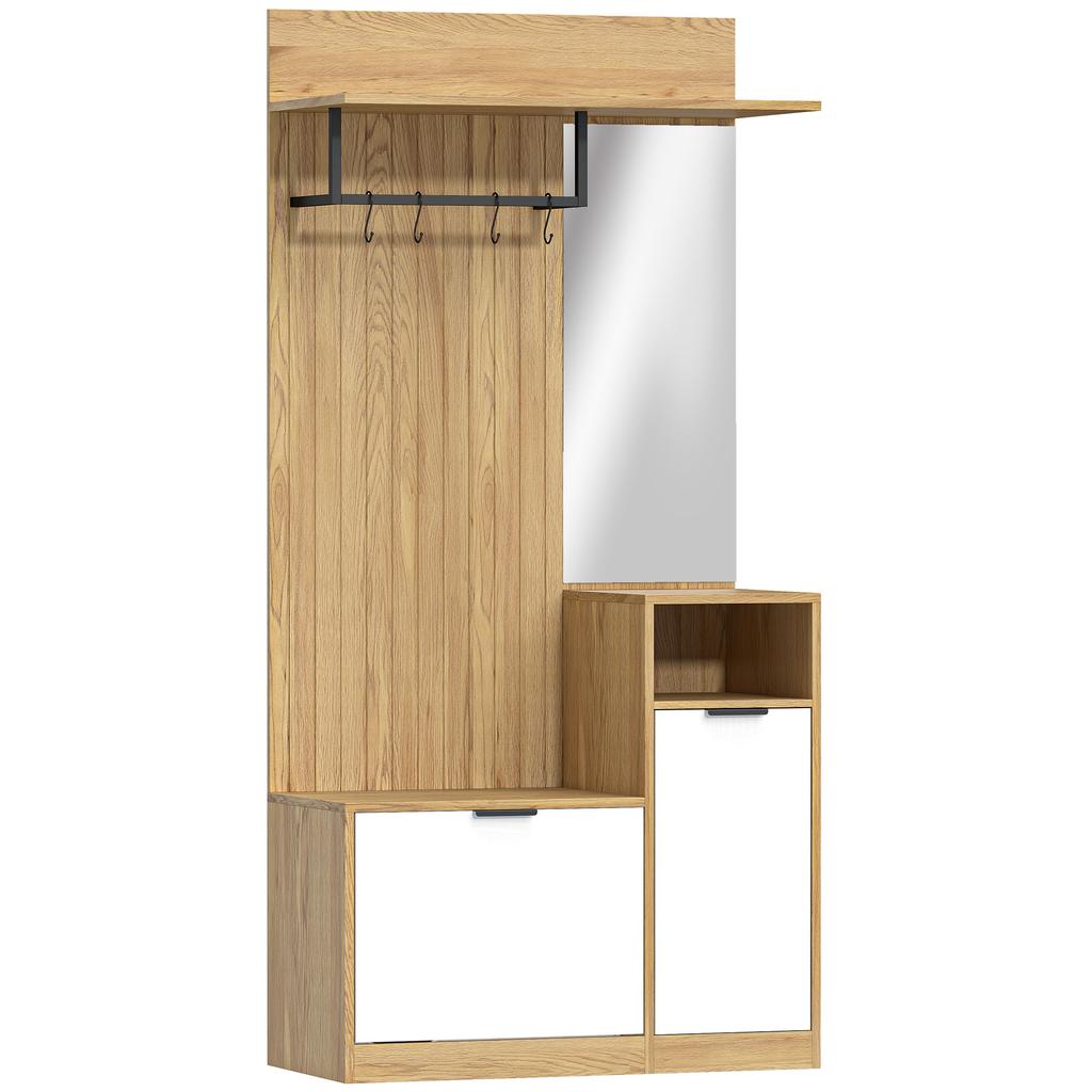 6-in-1 Entryway Furniture, Hallway Coat Rack with Foldable Shoe Bench, Mirror, 80x36x168cm, Oak