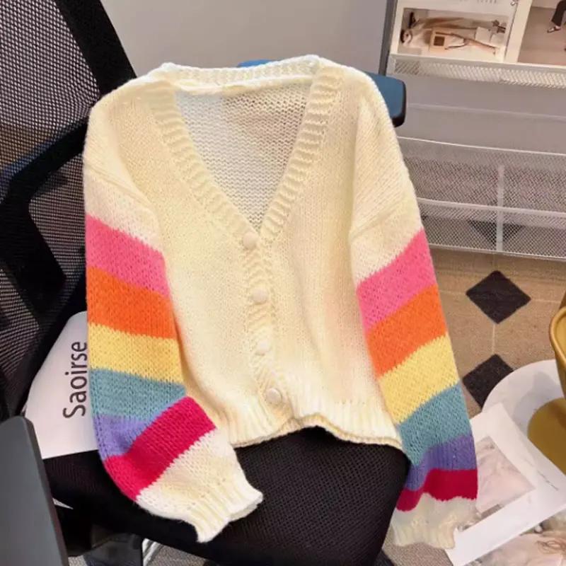 Regenbogen gestreifter Strick-Cardigan für Damen Teenager Gemütlich Weich Mohair Knopfleiste Pullover Jacke Winter Herbst Y2K Outfit