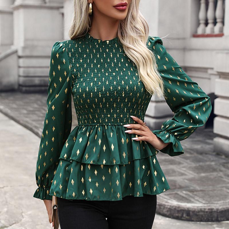 Women's Fashion Casual Autumn Rhombus Print Long Sleeve Blouses & Shirts