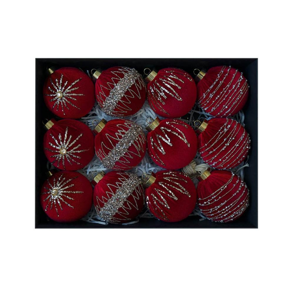 

12Pcs/set Velvet Flocking Christmas Ball Set Sparkling 8cm Xmas Ornament Ball Red Plastic Xmas Tree Hanging Pendant 1.5cm вина червоного кольору