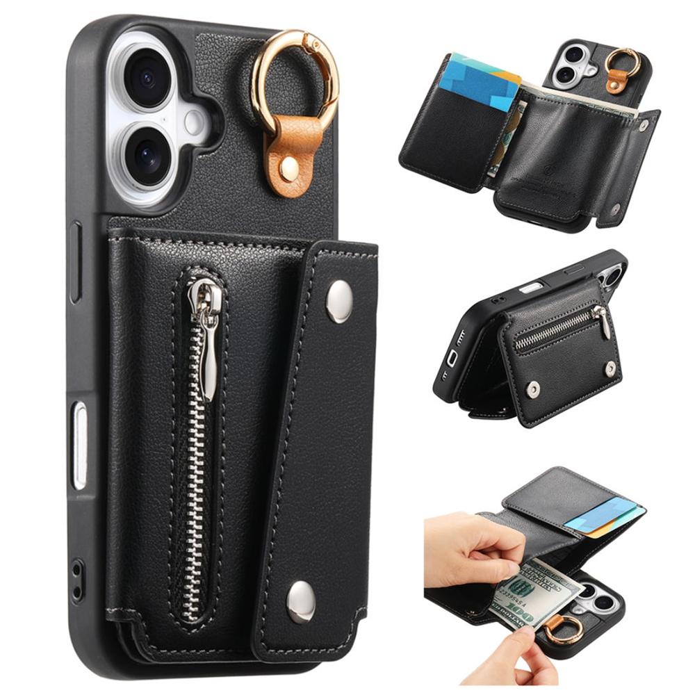 Premium Business Foldable Wallet Case with Ring & Shockproof PU Leather Phone Cover with Card Slots, Zippered Coin Pocket & Stand for iPhone/Samsung