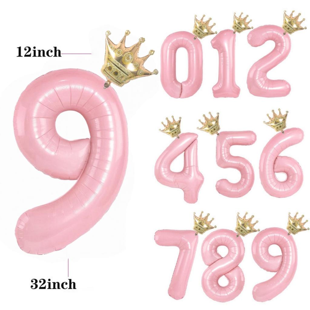 32/42inch Crown Decor Pink Aluminum Foil Digital Balloon Number Balloon For Birthday Party Decor Supplies Girls Birthday Favor