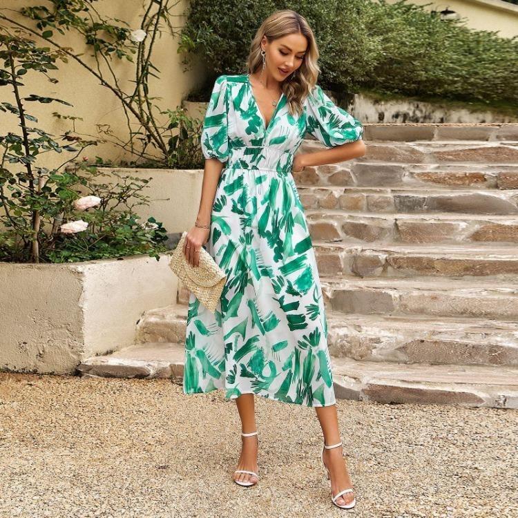 Women V Neck Waist Wrapped Floral Summer Dresses with High Sleeves