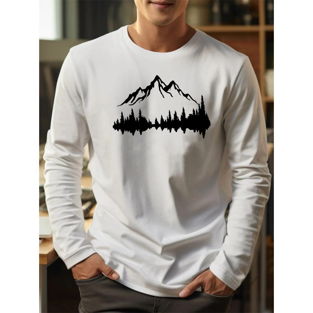 Spring and Autumn Round Neck 3D Mountain Reflection Pattern Printed Top Fashionable Casual Long Sleeved Men's T-shirts
