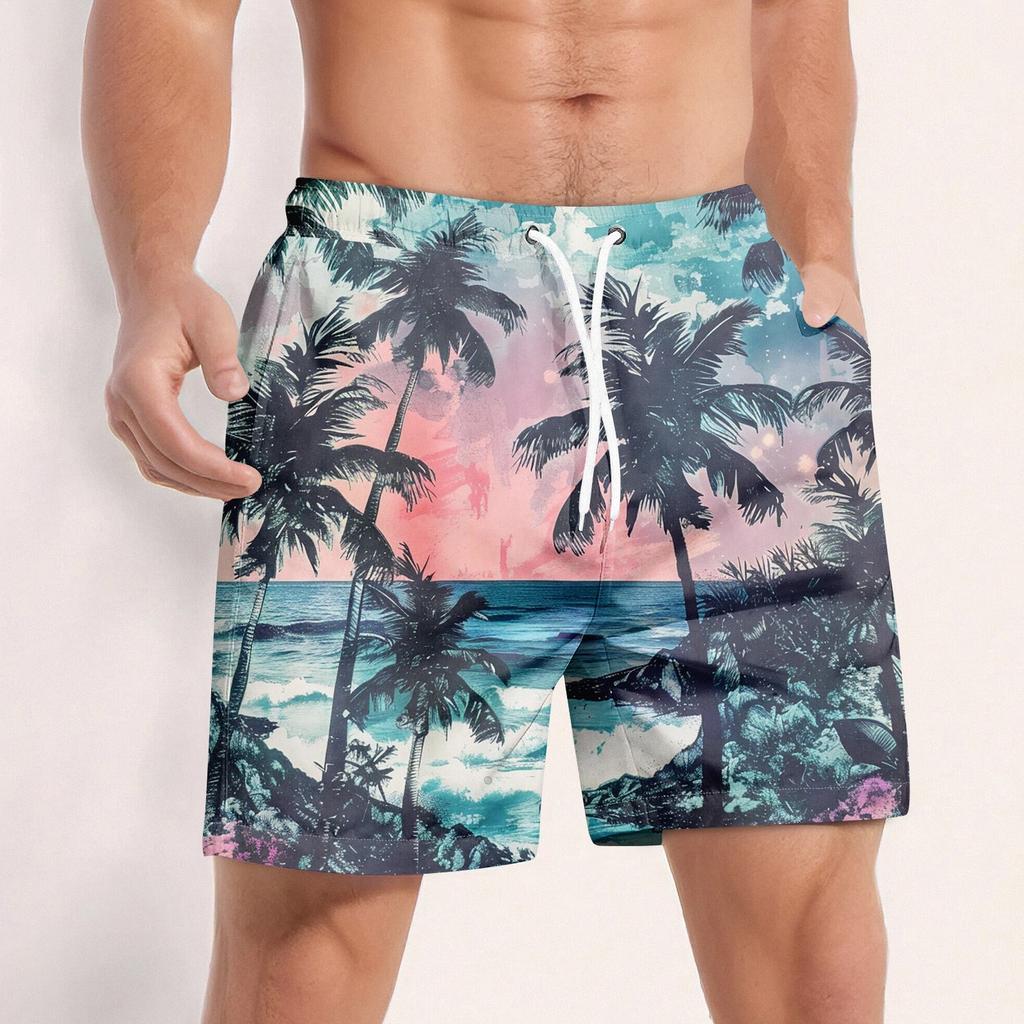 Men's Fashion Hawaiian Print Elastic-Waisted Casual Yoga Pants Beach Shorts