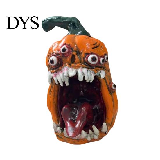 Pumpkin Shape Ornament Halloween Evil Figurine, with Multi Eyes and Holiday Ornaments Fangs, Demon Resin Statue for Party Decoration