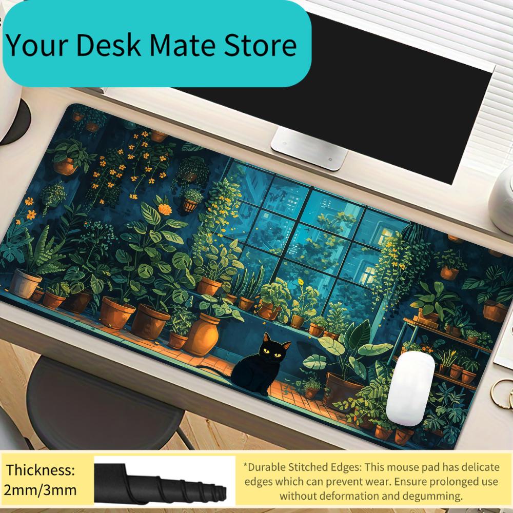 Cute Animestyle Black Cat and Green Plants Mouse Pad Desk Mat NonSlip Office Mousepads Pc Accessories Gaming Mats Tapis Souris