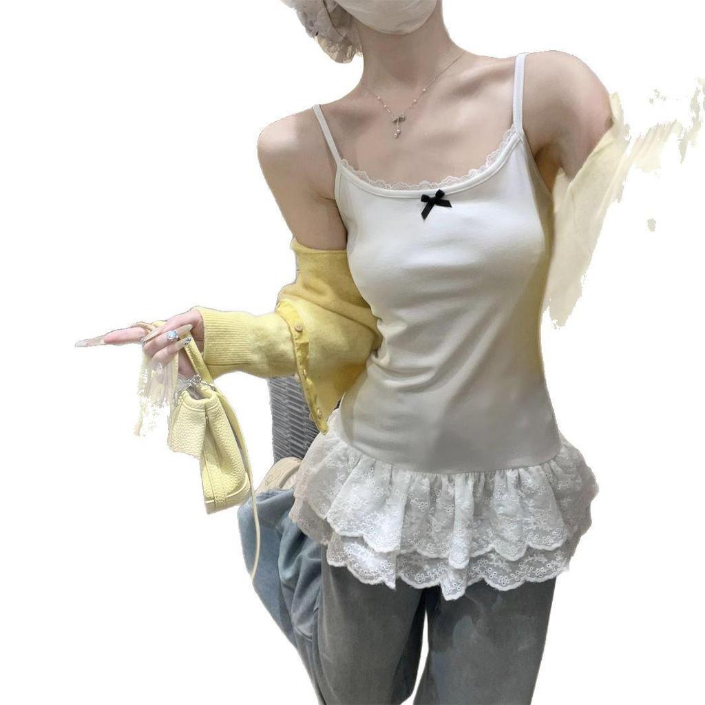 Ballet-Style White Lace Bow Camisole for Women - Spring/Summer 2025 Sleeveless Top