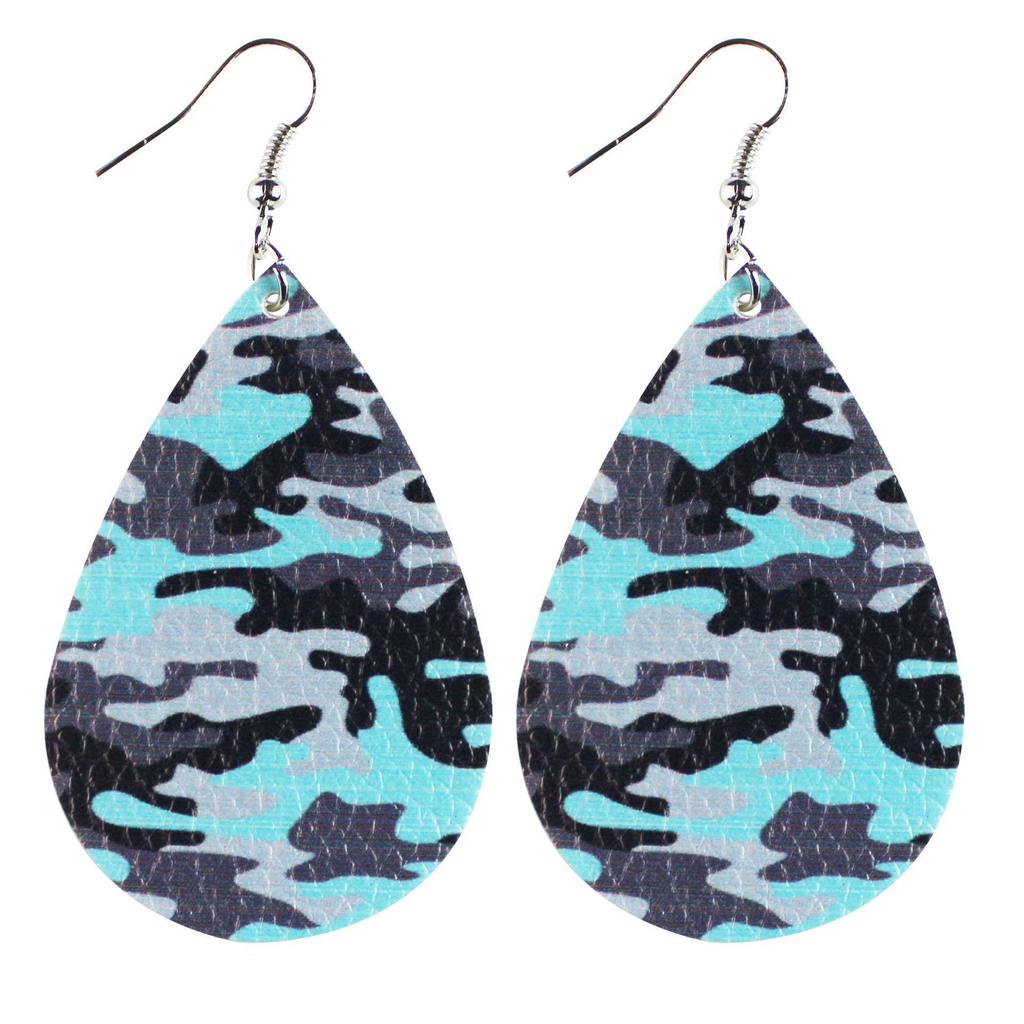 Army Green Camouflage Pu Leather Earrings Water Drop Shape Double-Sided Printing For