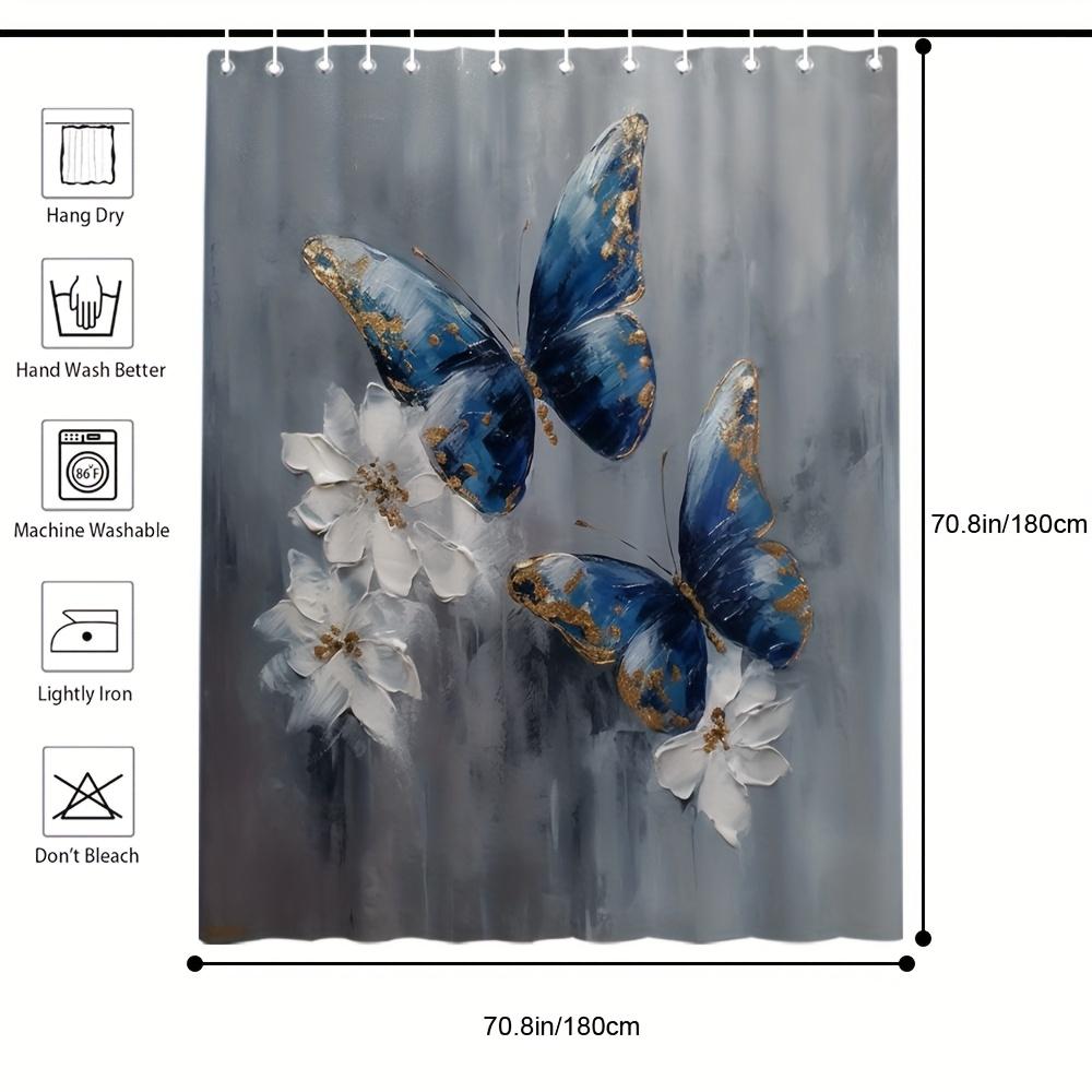 Minimalist Butterfly Curtain - Boho Style, Blue & Grey Flowers, Waterproof, 70In, Hooks Included, Washable Bath Decor
