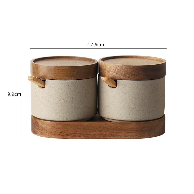 JUSTINLAU Japanese Ceramic Seasoning Jar Spice Container Bamboo Lid Spoon Household Oil Pot Seasoning Bottle Tray Kitchen Tool