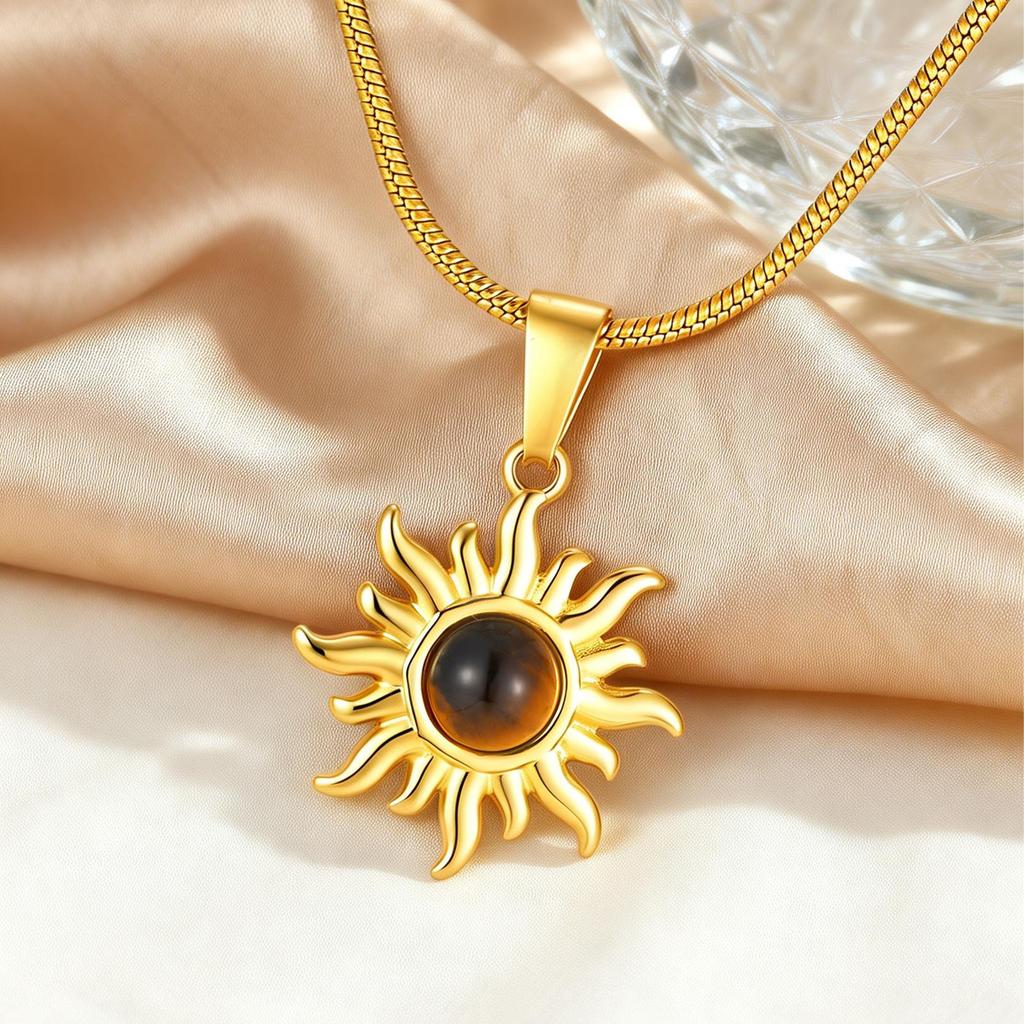 Accessories, Natural Tiger'S Eye Sun Pendant Necklace, Stainless Steel Retro Women'S Necklace 2285