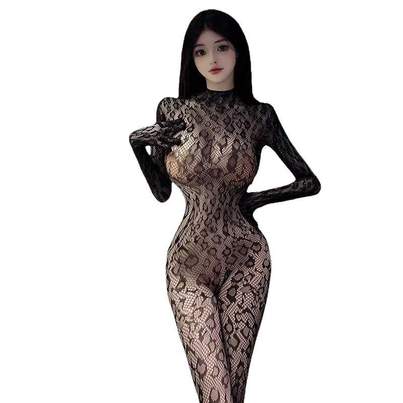Leopard Print Mesh Bodysuit with Fishnet Stockings and Gloves