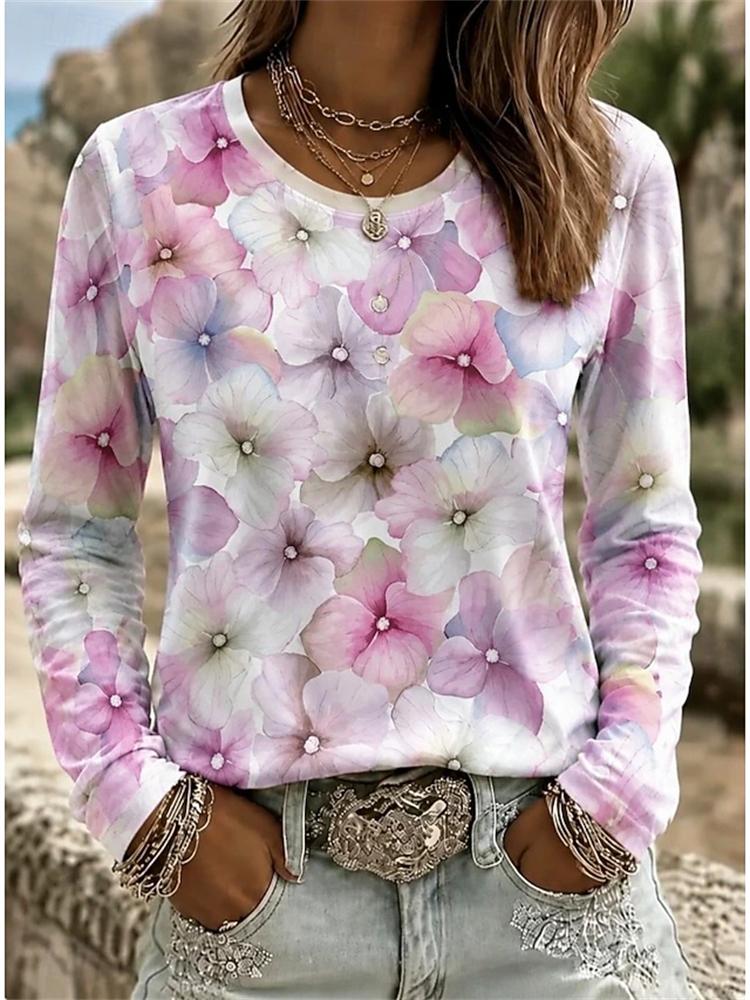 2026 Herbst Neues Damen Langarm Rundhals Lässiges T-Shirt mit Buntem Blumendruck Pflanzenelementen Outdoor Chic Top