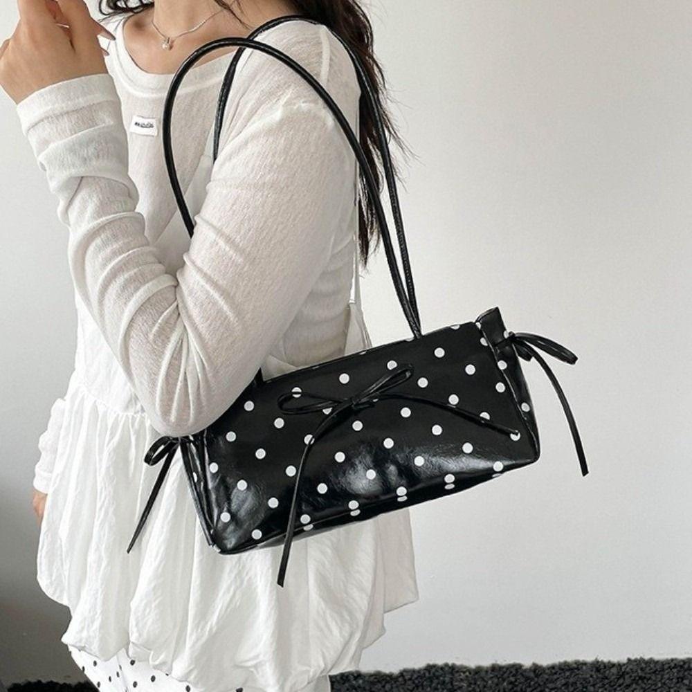 Elegante Borsa a Spalla con Fiocco in PU Finitura Lucida Borsa Rettangolare Sottile Borsa a Spalla a Pois per il Pendolarismo
