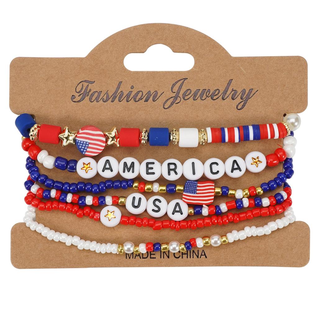 2025 New American Independence Day Bracelet Red White Blue Flag Soft Ceramic Beaded Patriotic