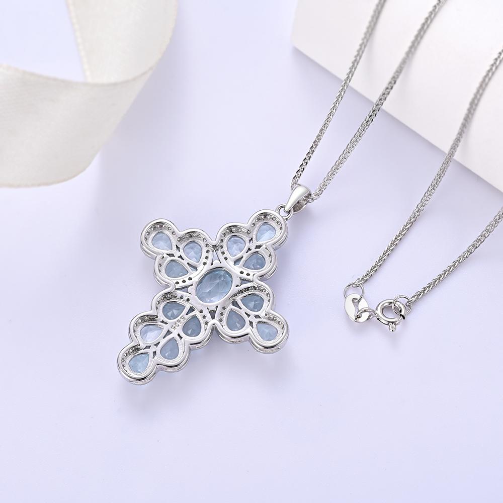 S925 Silver Pendant Necklace,cross Deisgn with Natural Real Gemstone Sky Blue Topaz Fine Jewelry Elegant and Noble Female Gift