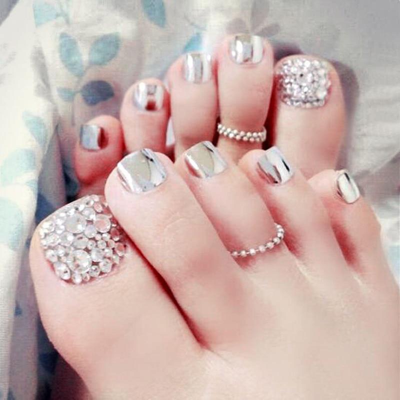 

24 Pcs Beauty Toe Nails silver For Foot Nail with rhinestone Foot Nail artificial nails with glue серебряный