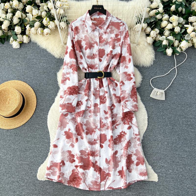 French retro light luxury high-end long-sleeved lapel single-breasted printed dress women's waist temperament big swing shirt skirt