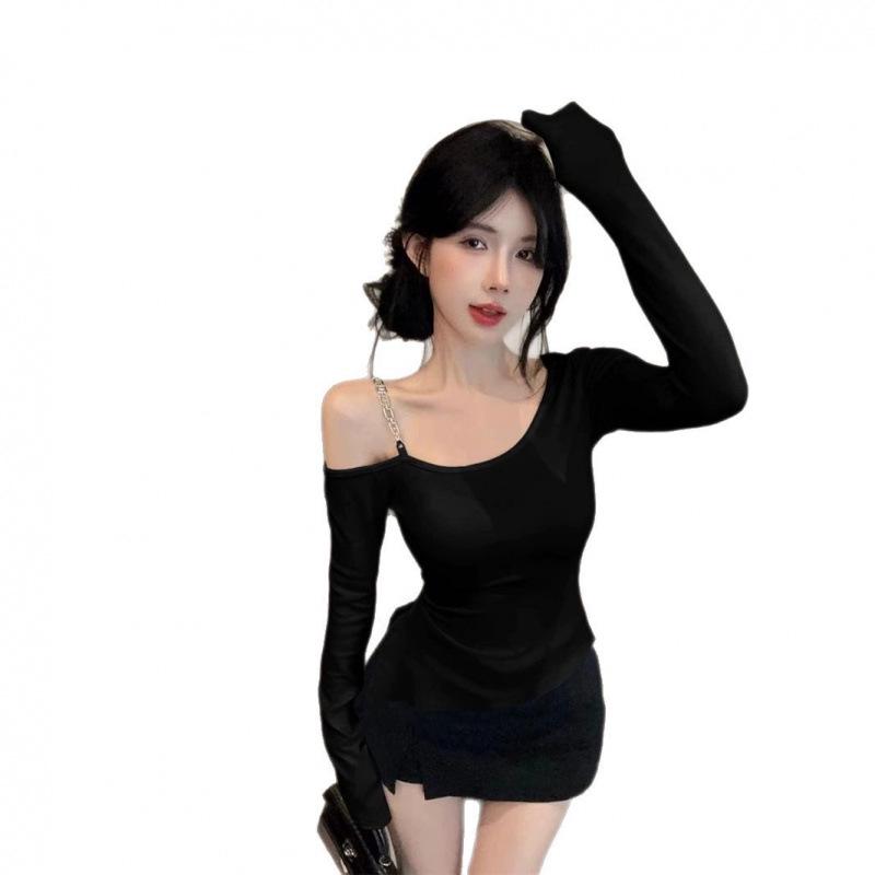 Elegant Off-Shoulder Oblique Collar T-Shirt - Women's Versatile Slim-Fit Top for Autumn and Spring