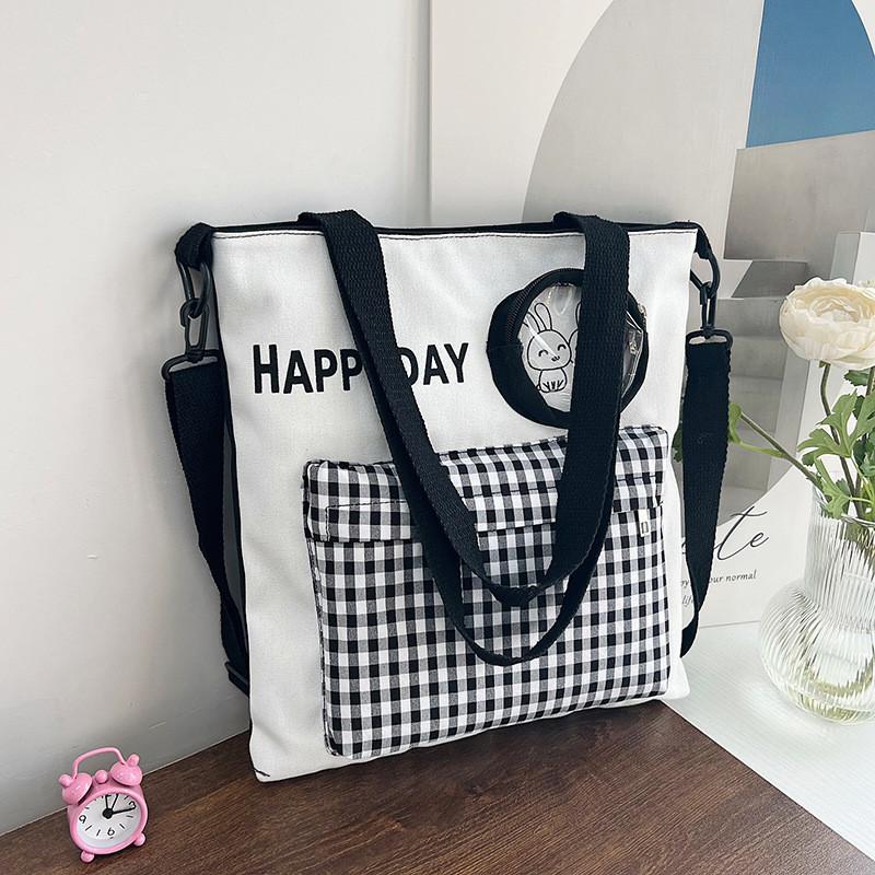 Cute Rabbit Canvas Tote Bag For Students Spacious Stylish Shoulder Crossbody Bag In Green Blue Black Purple Pink