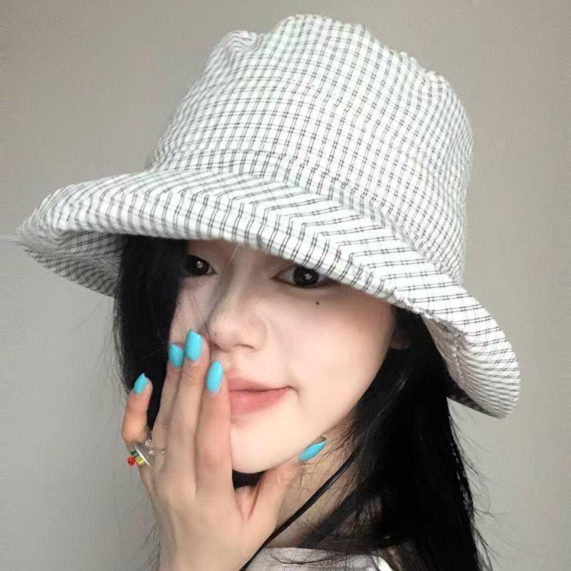 New Summer Women'S Plaid Rolled Brim Bucket Hat Wide-Brimmed Quick-Drying Sun-Protective Hat