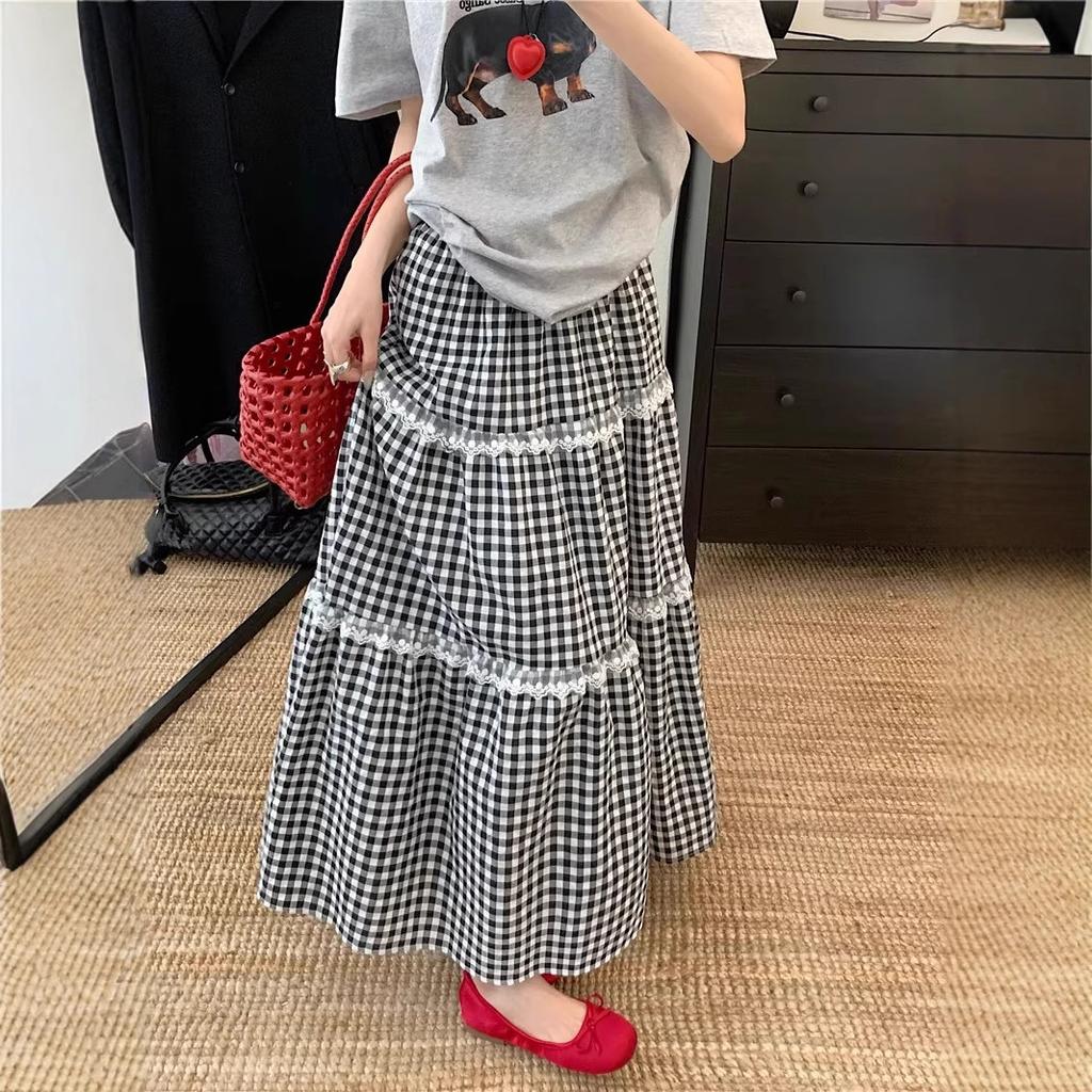 Preppy Youthful Fresh Sweet Blue Checkered Tiered Skirt for Women Spring Lace Trim A-Line Casual All-match Versatile Long Skirt
