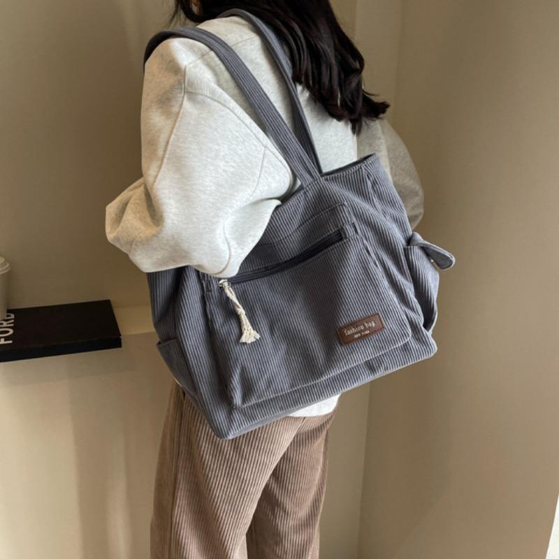 Simple Corduroy Tote Bag, Solid Color Shoulder Bag, Retro Multi Pockets Handbag for School Work Shopping Tote Bags for Women