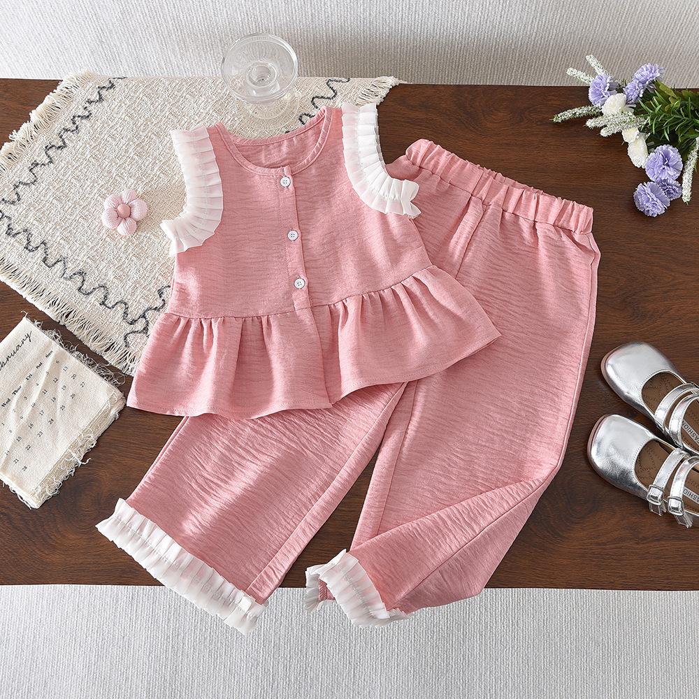 

Girls Western Style Imitation Denim Casual Suit Summer Children s Vest Wide-leg Pants Children s Clothing 170cm рожевий