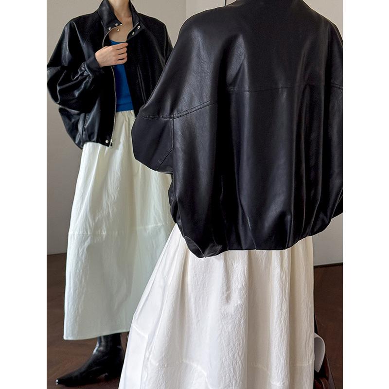 Orange Zhi Early Autumn Stand-Up Collar Leather Motorcycle Jacket 39116