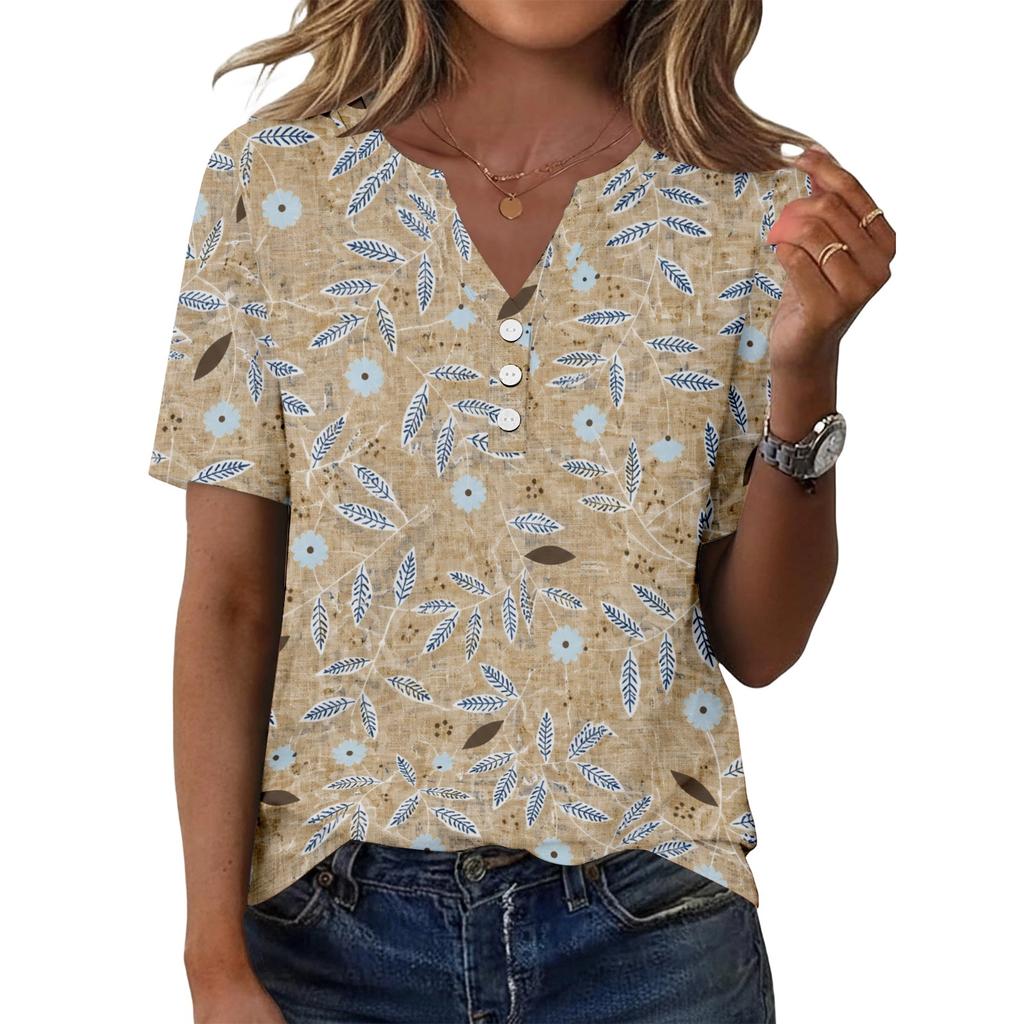 Women's Casual Floral Print V-Neck Short Sleeve T-Shirt Top with Decorative Buttons for Everyday Wear