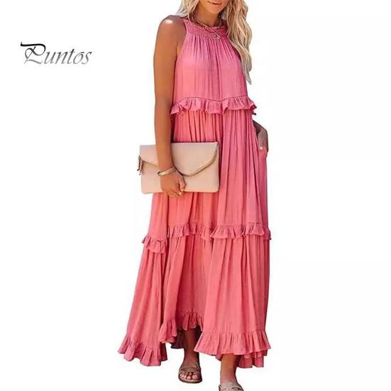 Dámské letní šaty s volánky, halterový výstřih, bez rukávů, volné, jednobarevné, plisované, s odhalenými rameny, patchworkové, dovolenkové, plážové, maxi šaty