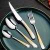 304 Stainless Steel Gold-Handled Western Cutlery: Knife, Fork, and Spoon Set for Home or Restaurant.