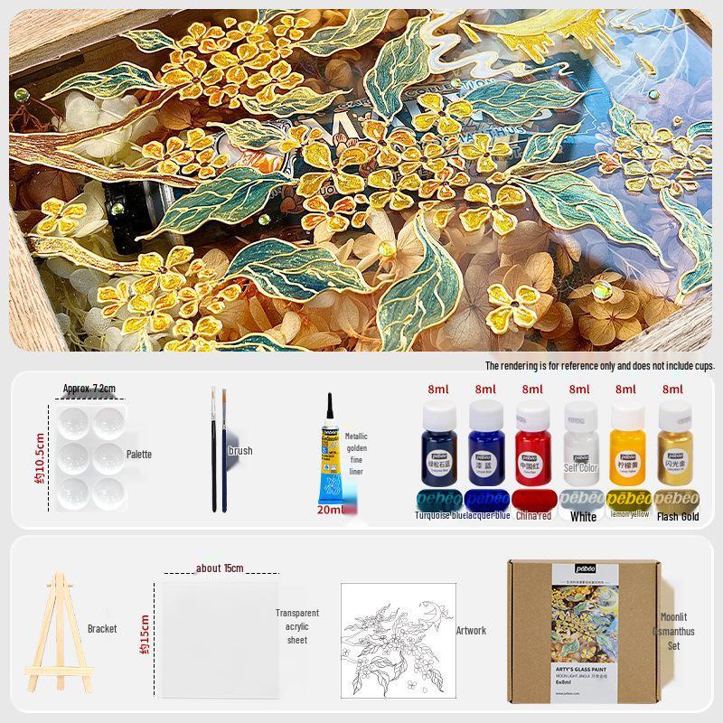 Rose Jasmine Moonlit Night Glass Paint Set with Osmanthus Scent and Gold Edge Hand-Painted Cup & Outlining Pen
